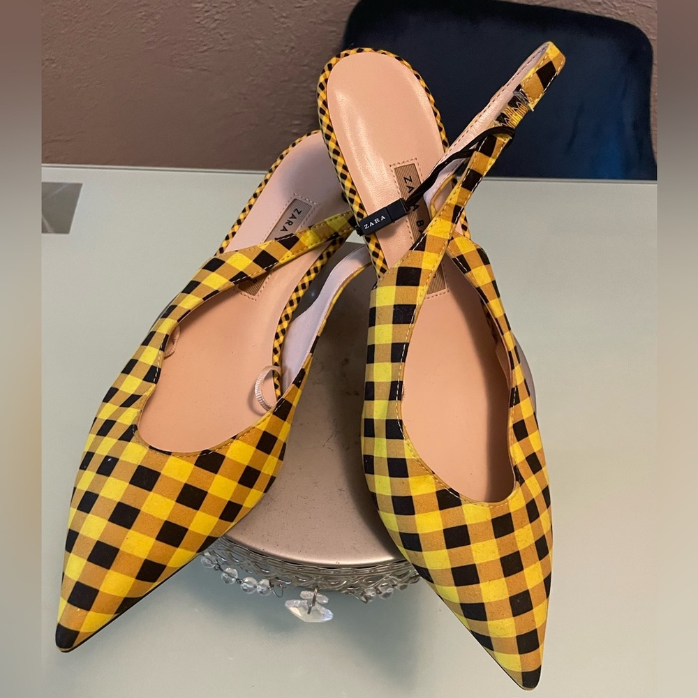Zara Gingham Kitten Heel Slingback Pumps 9 EU 40 Yellow/Black Trendy